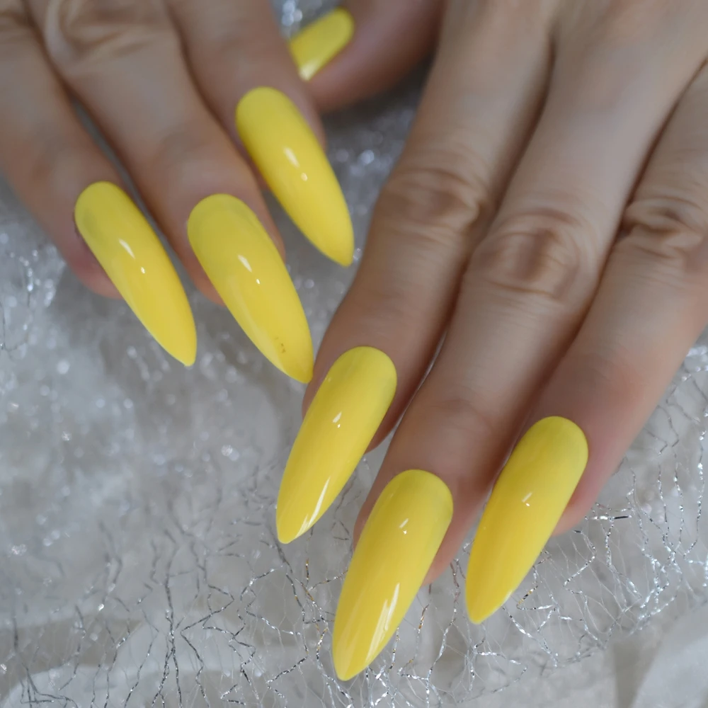 Faux doigts structurels ents extra longs, jaune fluo, à pression, stiletto, brillant, gel, rubans adhésifs gratuits, N64