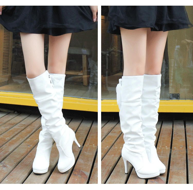 New White Genuine Leather Woman High Heels Boots Women Over The Knee Boots Female Autumn Fashion Shoes Ladies Thigh High Boots