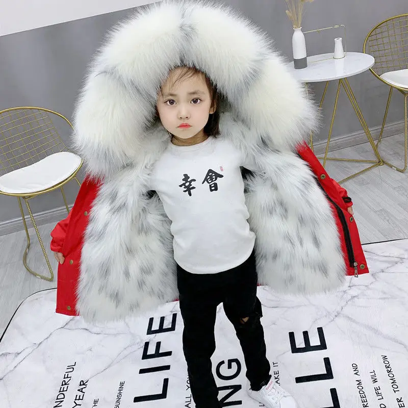 

2023 New WInter Baby Girls Fur -30 Coat Kids Boys Detachable Faux Fox Collar Liner Jackets Children's Warm Thicken Hooded Parkas