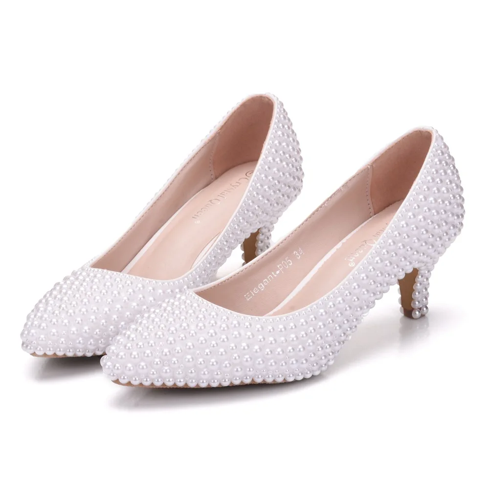 

Classic New White Pearl Wedding Shoes Bridal Women Shoes Elegant Heels Evening Party Shoes High Heel 5CM Dress Pumps sandals