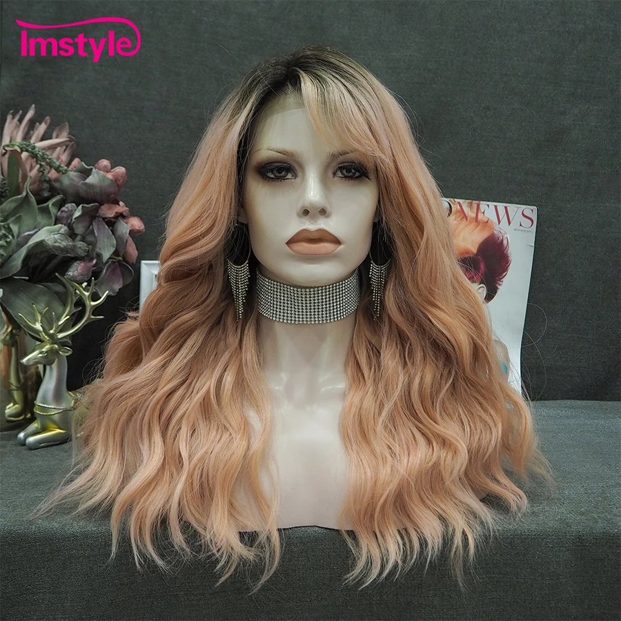 

Imstyle Peach Pink Wigs Synthetic Lace Front Wig With Bangs Heat Resistant Fiber Wavy Lace Wig For Women Cosplay Wig