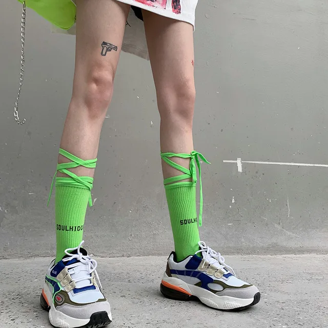 Fashion green Men\'s socks Street Cool Hip Hop Fluorescence Yellow Unisex Women Men ribbon Long socks cotton Funny Socks happy