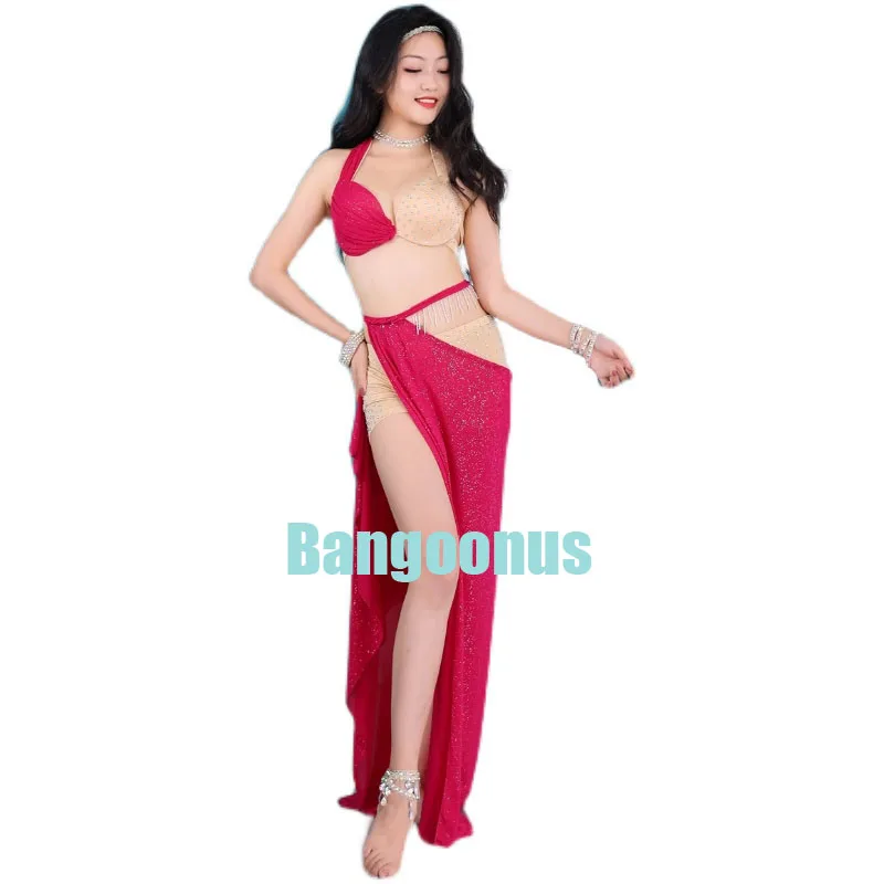 Spring Summer Design Sexy Belly Dance Costume Set Crystal Bra Side Split Long Skirt Fairy Oreintal Dancer Performance Show Wear