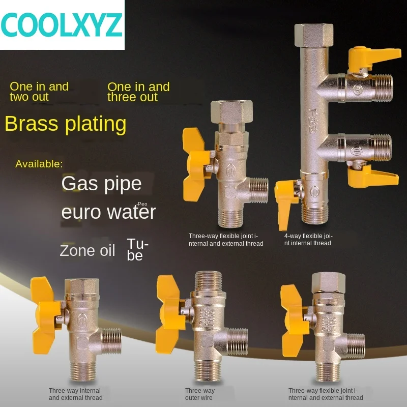 

1/2 3/4 IN brass three-way gas ball valve switch one in two out live connection internal and external wire natural gas connector