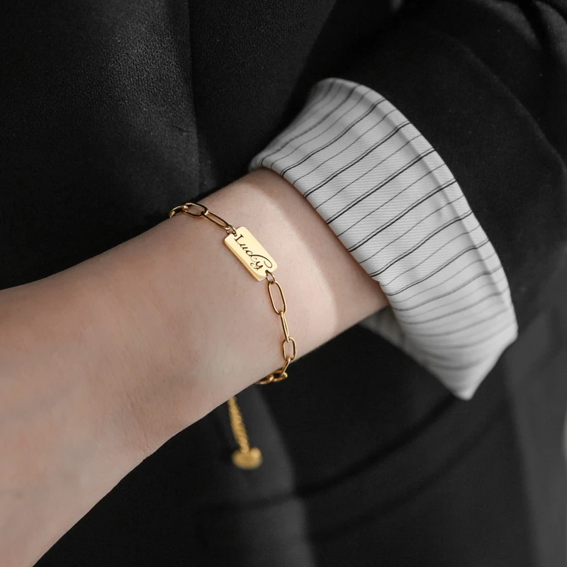 Dainty Paperclip Rectangle Chain Women Bracelets, Gold Color Oval Chain Personalized Tiny Disc Bracelet, Bridesmaid Custom Gift