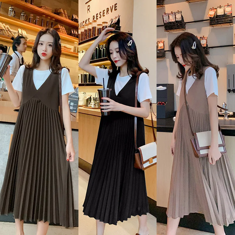 Maternity Vestidos Pregnant Clothing Pleated Dress Maternity Clothes For Pregnant Women Top 2pcs Sets Elegant Pregnancy Dress