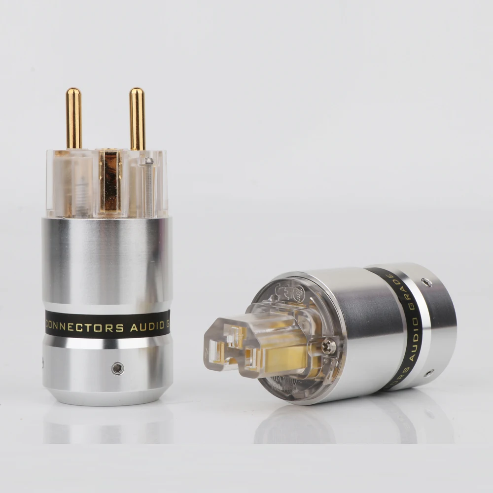 P080G High quality pair Audio Aluminum gold Plated Schuko EU Male Connector+IEC Female Plug