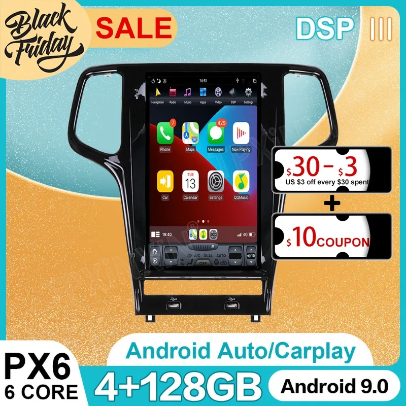 

Автомобильный мультимедийный плеер на Android 9,0 в стиле Tesla для Jeep Grand Cherokee 2010 с GPS-навигацией, Carplay, автомобильное радио, стерео