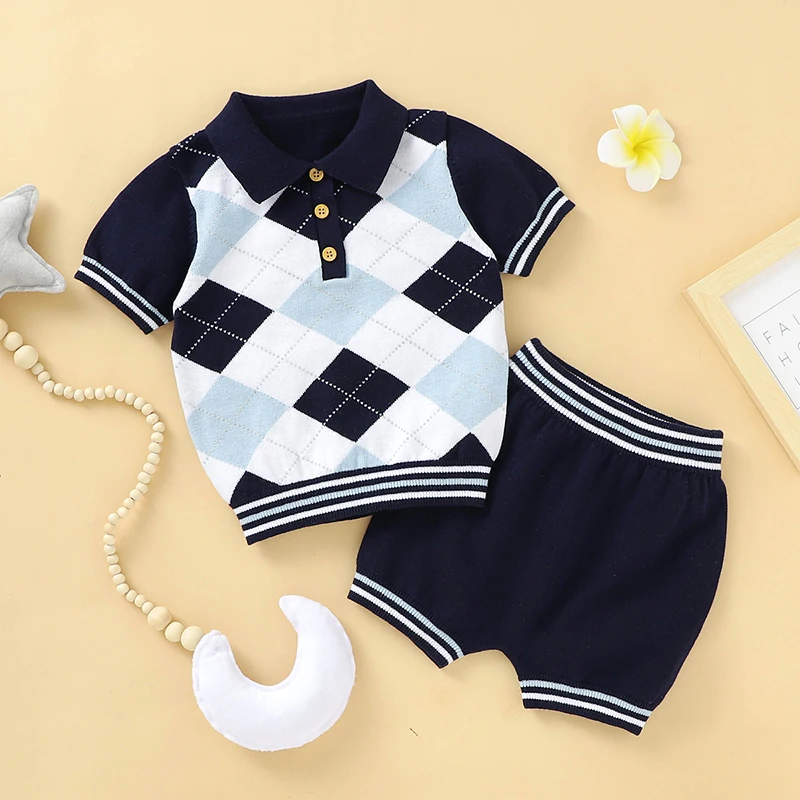 Baby Clothing Set 100%Cotton Knitted Newborn Boy Girl Fashion Turn-down Plaid Pullover +Solid Shorts Infant Toddler Suit Summer