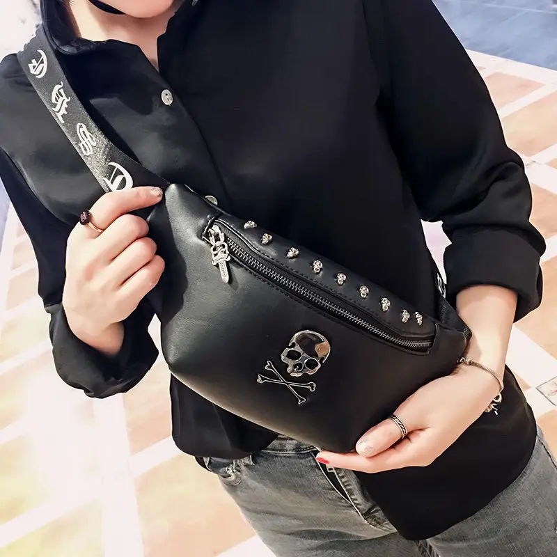 Cool Unisex Waist Bag Pu Leather Chest Bag Skull Fanny Pack Women Black Waist Pack Ladies Punk Belt Bag High Quality Bum Bag