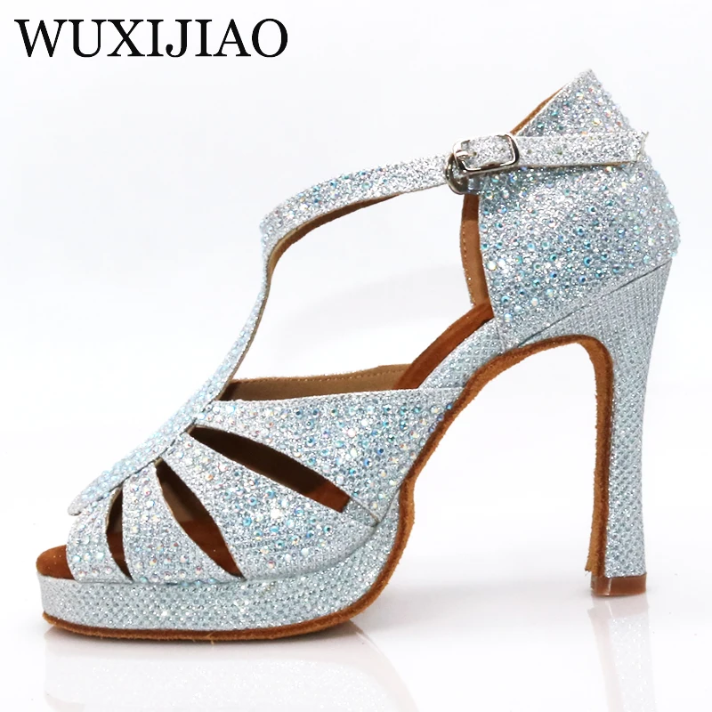 Wuxijiao Baru Wanita Perak Berkedip Kain Sepatu Dansa Rhinestones Salsa Sepatu Ballroom Menari Sepatu dengan 10 Cm