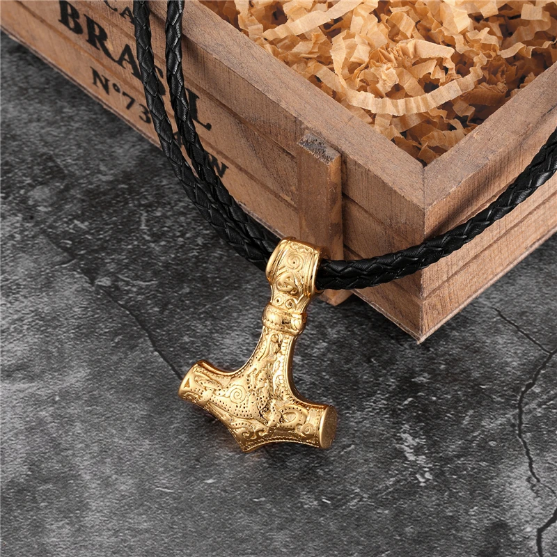 Punk Edelstahl Nordische Wikinger Amulett Anhänger Kette Odins Goldfarbener Thors Hammer Halsketten Herren Ethno-Schmuck Geschenke – Detail 9