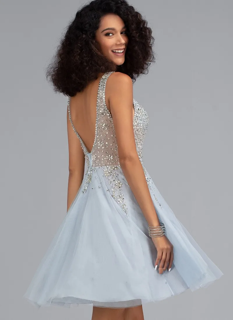 Sexy Cocktail Party Dress 2021 A-lijn V-hals Tulle Kralen Gradutation Homecoming Gown Robe De Soriee Vestidos