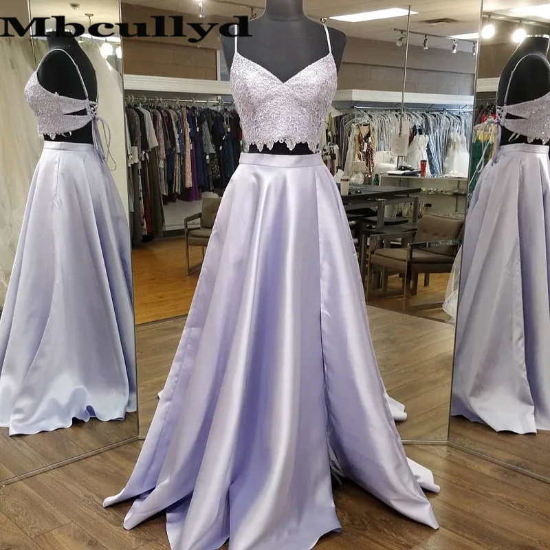 

Mbcullyd Two Pieces Prom Dresses Long 2023 Elegant Applique Lace Evening Party Dress For Women High Split Satin robe de soiree