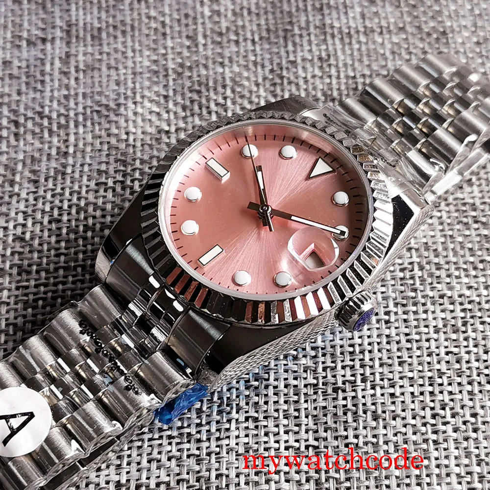 36mm 21 Jewels MIYOTA 8215 PT5000 Movement Men Watch Sapphire Crystal Pink Dial Bracelet Luminous Marks