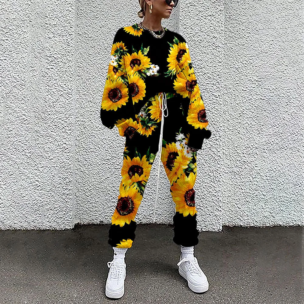 Floral Print Autumn Women Blouse + Pants Long Sleeve Loose Blouse Pants Casual Tracksuit Outfit 4XL Warm Clothes Lady