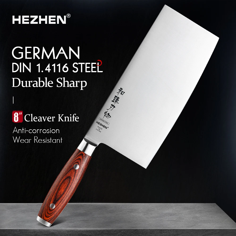 HEZHEN 8 Inches Cleaver Slice Knife German Molybdenum Vanadium Steel With Pakka Wood Handle  & Stainless Steel Rivet Cook Knife