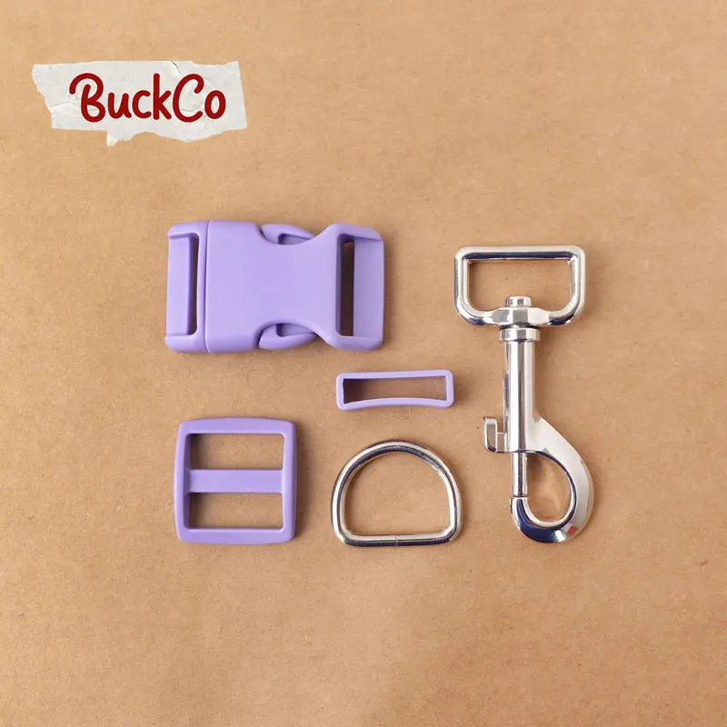 (plastic buckle+Tri-Glid+square keeper+D ring+metal dog clasp/set)Electroplating process lavender 25mm DIY dog collar parts