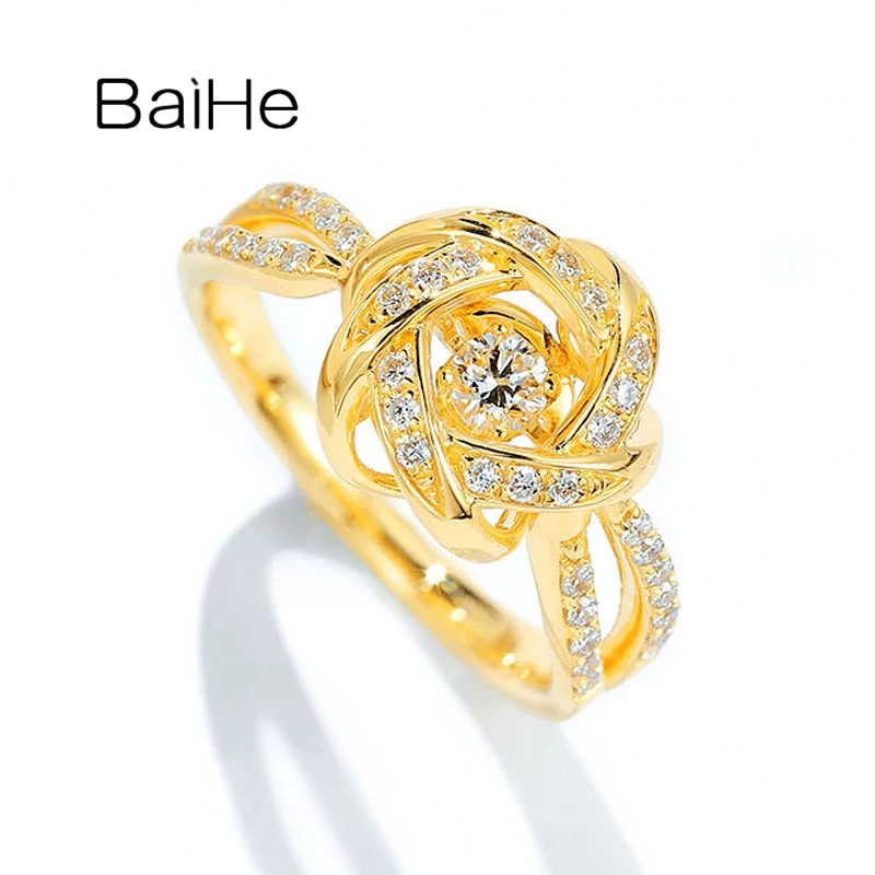 BAIHE Solid 14K Yellow/White/Rose Gold 0.29ct Natural Diamond Dancing Flower Ring Women Trendy Fine Jewelry