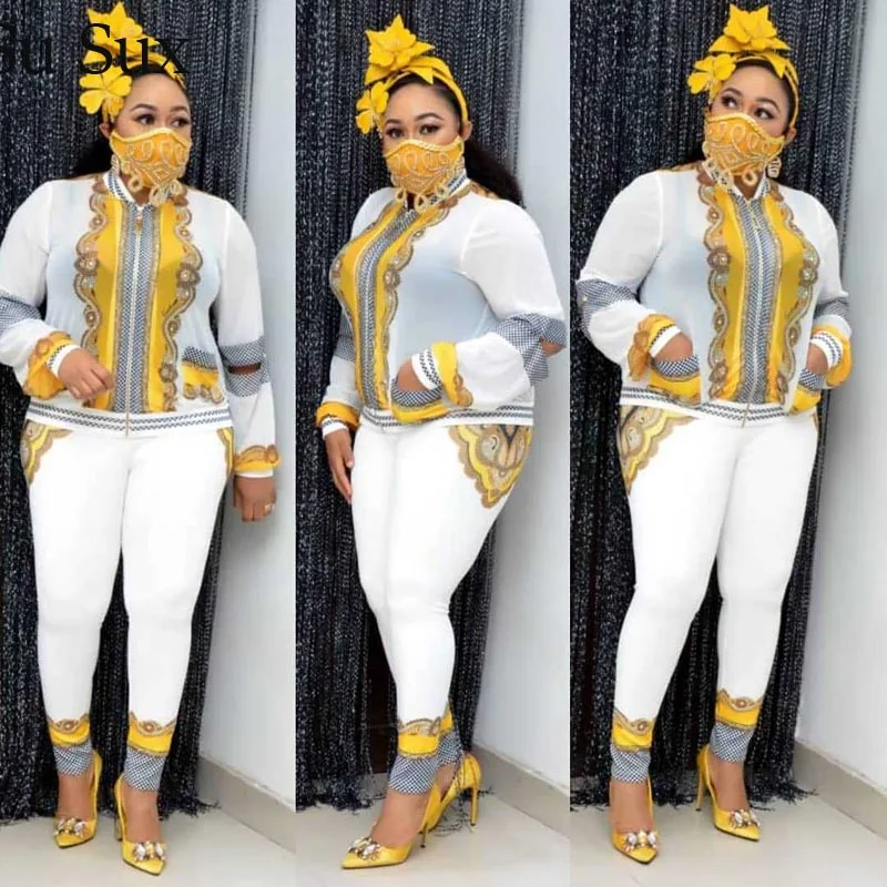 Print Two Piece Set Women African Clothes Dashiki Casual Long Sleeve Coat Top&Pencil Pants Set Tracksuit Vestidos Autumn