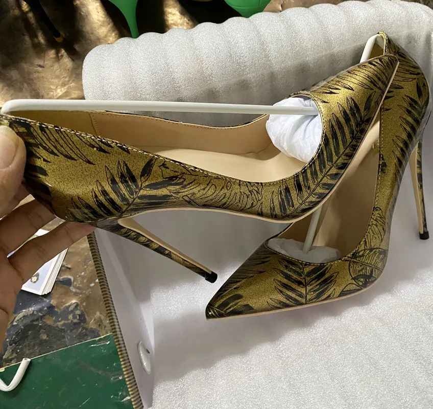 NoEnName_Null 12cm  sexy Women's standard printed Gold Patent pointed high large 44-45  women's chic high heels fashion shoes