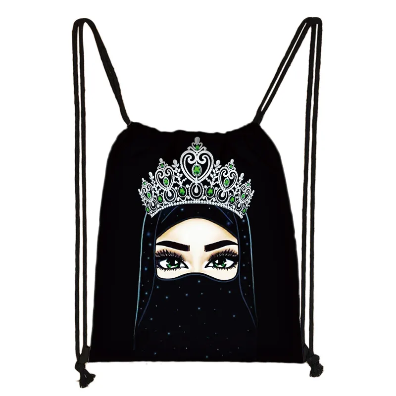 Hijab Face Muslim Islamic Gril Eyes Drawstring Bag Women Fashion Storage Bag Shopping Bag Teenager Girls Bookbag Casual Backpack