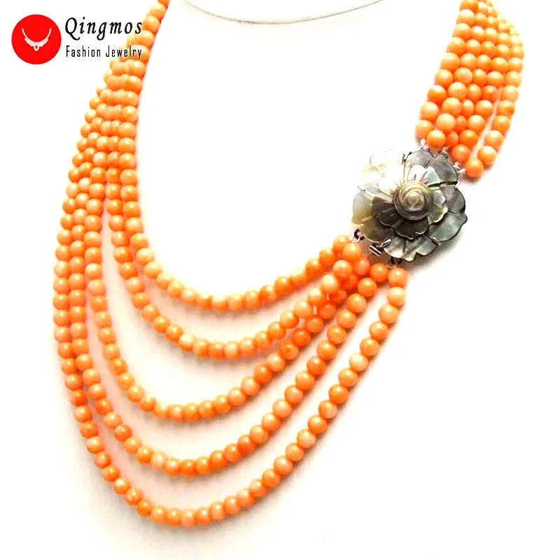 

Qingmos 5-6mm Round Natural Pink coral neckalce for Women with Genuine Coral 5 Strands 18-23" Chokers & Shell Clasp nec5202