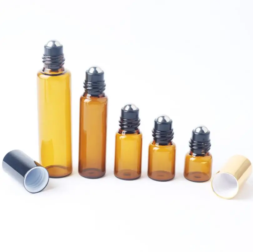 10Pcs 1ml 2ml 3ml 5ml 10ml Amber Thin Glass Roll on Bottle Sample Test Essential Oil Perfume Vials with Black Roller Metal Ball