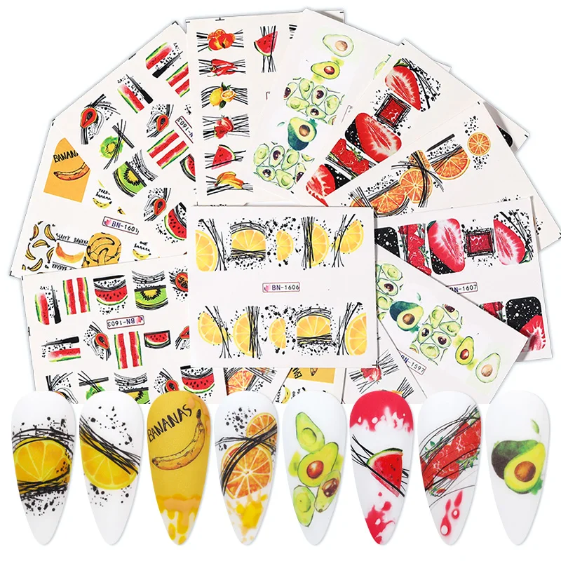 1PC Avocado/Watermelon/Orange Nail Stickers Summer Fruit Leaves Transfer Decals Sliders For Nails DIY Decoration Manicures