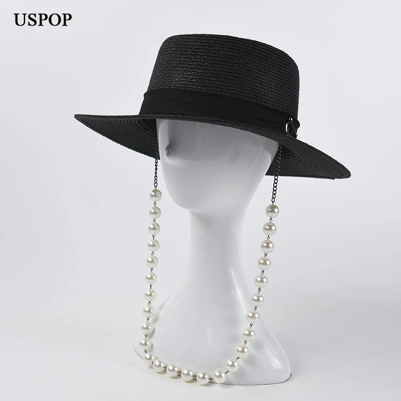 USPOP Women Sun hats with Peral Chain Wide brim Straw Beach Hats