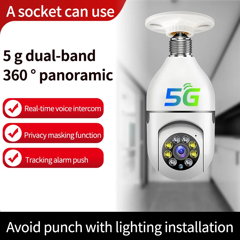 

5G Dual Band E27 Lamp Holder Full Color 360 Degree Wireless PTZ IP Dome Camera AI Humanoid Auto Tracking Intercom Baby Monitor