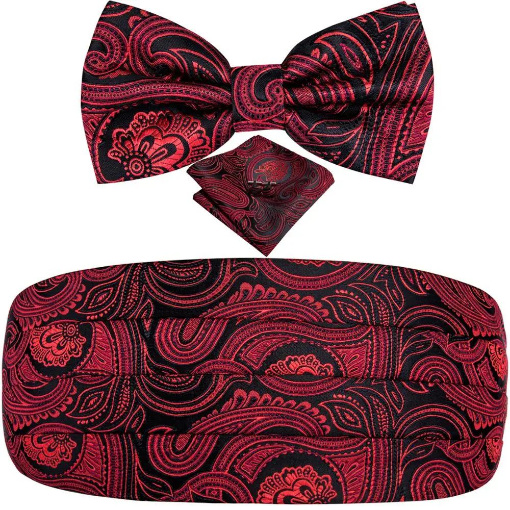 YF-2006 Hi-Tie Luxury Designer Paisley Red Cummerbund Bow tie Set Formal Tuxedo Corset Elastic Belt for Men Wedding Cummerbunds