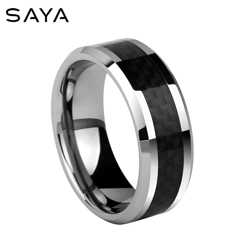 High Polished Black Carbon Fiber Inaly Tungsten Rings for Men's Finger Rings  Comfort Fit, Engraving