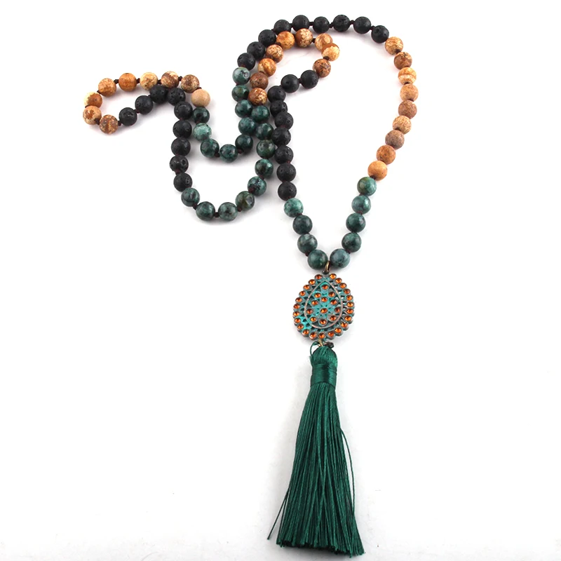 RH Fashion Bohemian Tribal Jewelry Mix Color Crystal Stone Long Knotted Metal Links Tassel Necklaces For Women