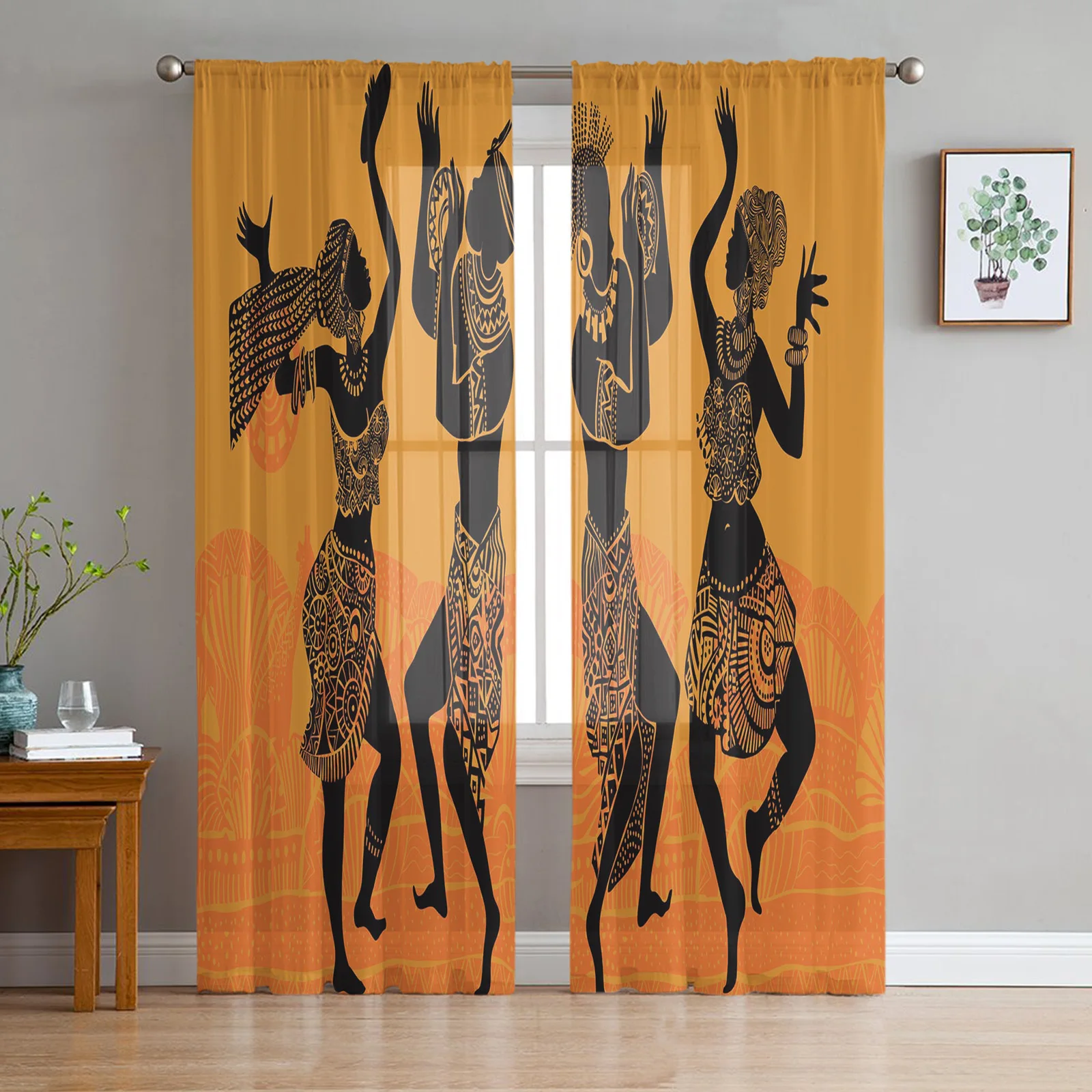 Orange African Women Dance Ethnic Tulle Sheer Window Curtains for Living Room Kitchen Children Bedroom Voile Hanging Curtain