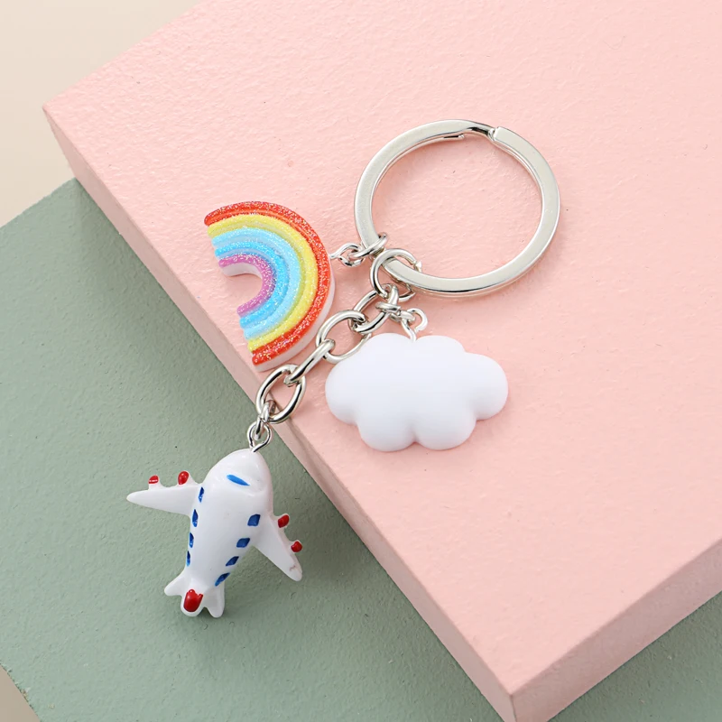 Lovely Aviation Keychain Resin Key Ring Rainbow Airplane Cloud Hot Air Balloon Key Chain Girl Teens Gifts DIY Jewelry Handmade