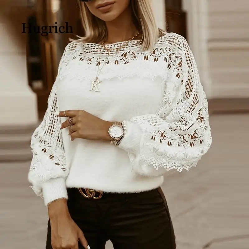 Solid Guipure Lace Lantern Sleeve Sweater Long Sleeve Sweater Women Top