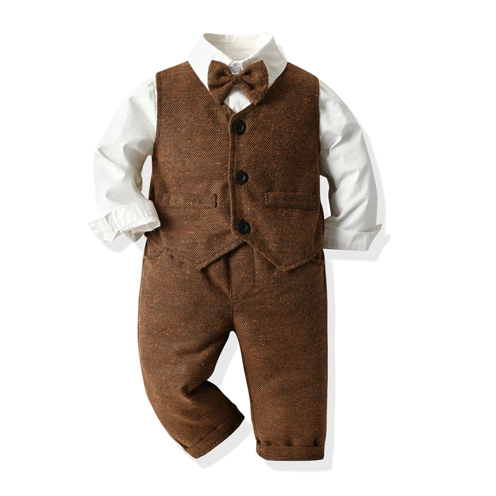 Top and Top 2020 Fall Babys Boy Clothes Gentleman Style Infant Sets 3Pcs Bowtie Shirts+Vest+pants Newborn Formal Bebes Clothing