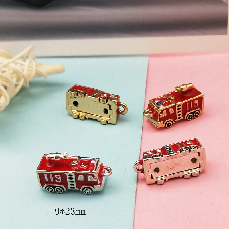 5PCS 3D Fire Truck Enamel Pendant Charms Oil Drop 119 Truck Model Keychain Finding DIY Handmade Bracelet Floating Jewelry Make