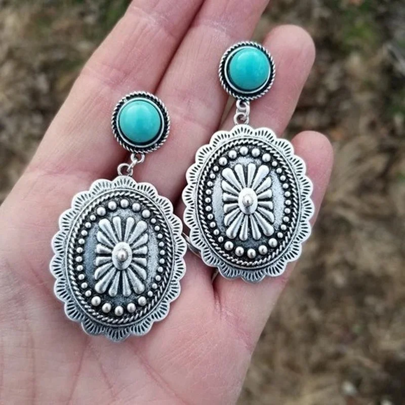 Indian Wedding Stone Earrings for Women Bohemia Geometric Statement Ethnic Retro Turquoise Pendant Jewelry