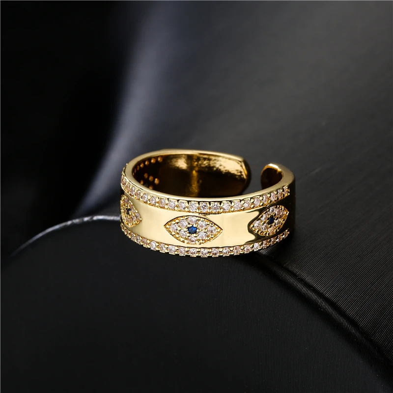 NEWBUY 2024 Fashion Gold Color Copper Wedding Jewelry AAA CZ Evil Eye Design Open Ring For Women Girl Engagement Gift