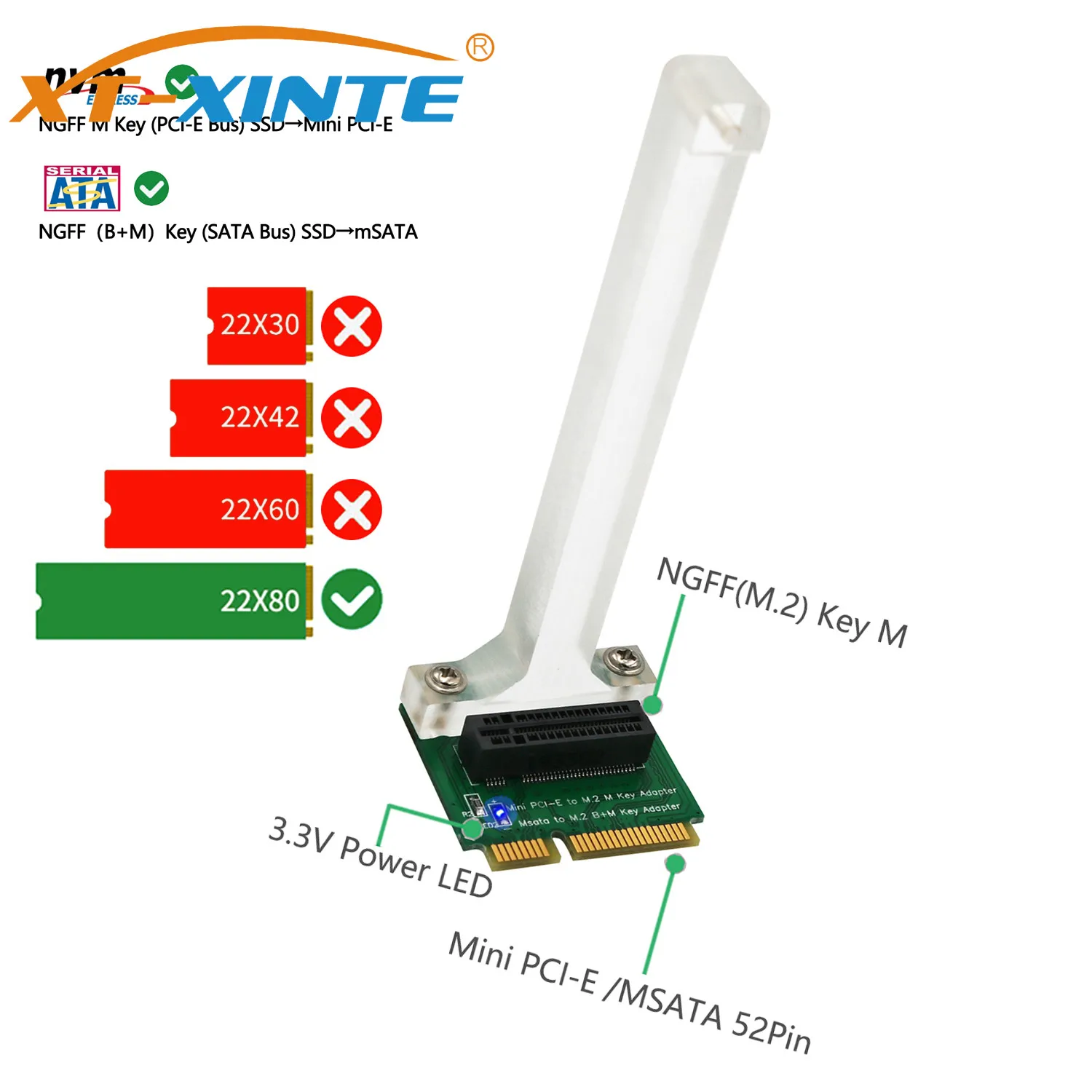 M2 SSD Adapter M Key M.2 PCI-E for NVME to Mini PCI-E Card or B+M Key M.2 for NGFF SATA-Bus SSD to mSATA Card Converter Adapter