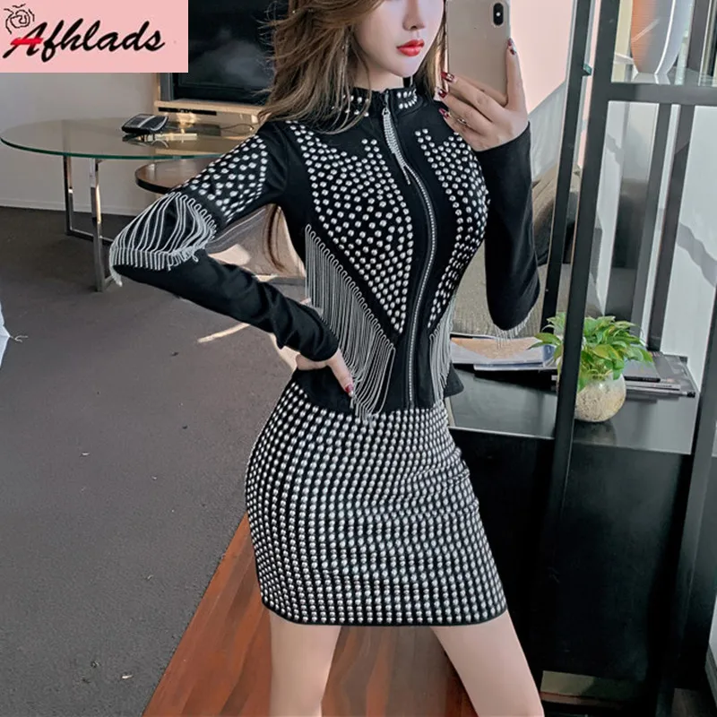 Tassel Women's Night Club Outfits 2023 Autumn And Winter New Fashion Sequined Rivet Top + Bodycon Short Skirt Two-Piece Sets