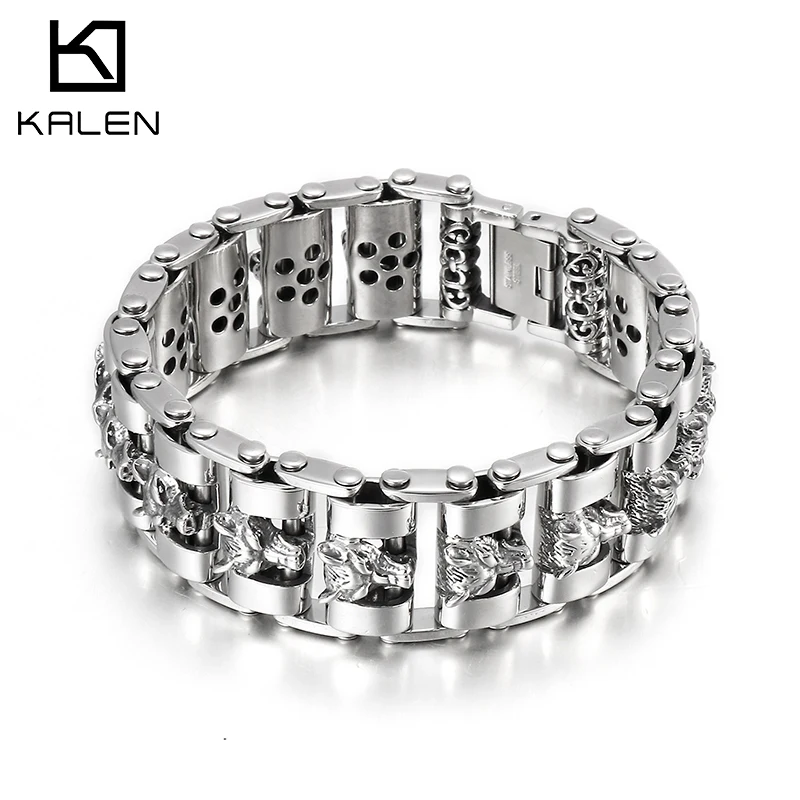 

Kalen Trend Wolf Head Wide Bracelet Mechanical Chain High Quality Men's Stainless Steel Bracelets