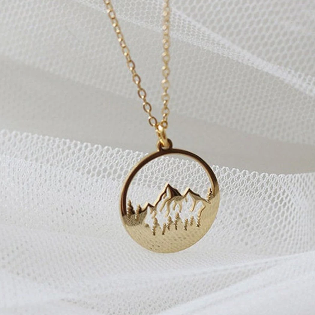 Mountain Necklace for Women Girls Gold Plated Hollow Mountain Charm Disc Pendant The Mountains Are Calling Wanderlust Jewelry