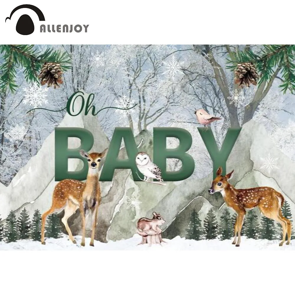 Allenjoy Baby Shower Backdrop Woodland Winter Wild Animals Deer Rustic Snow Forest Kids Birthday Party upplies Props Background