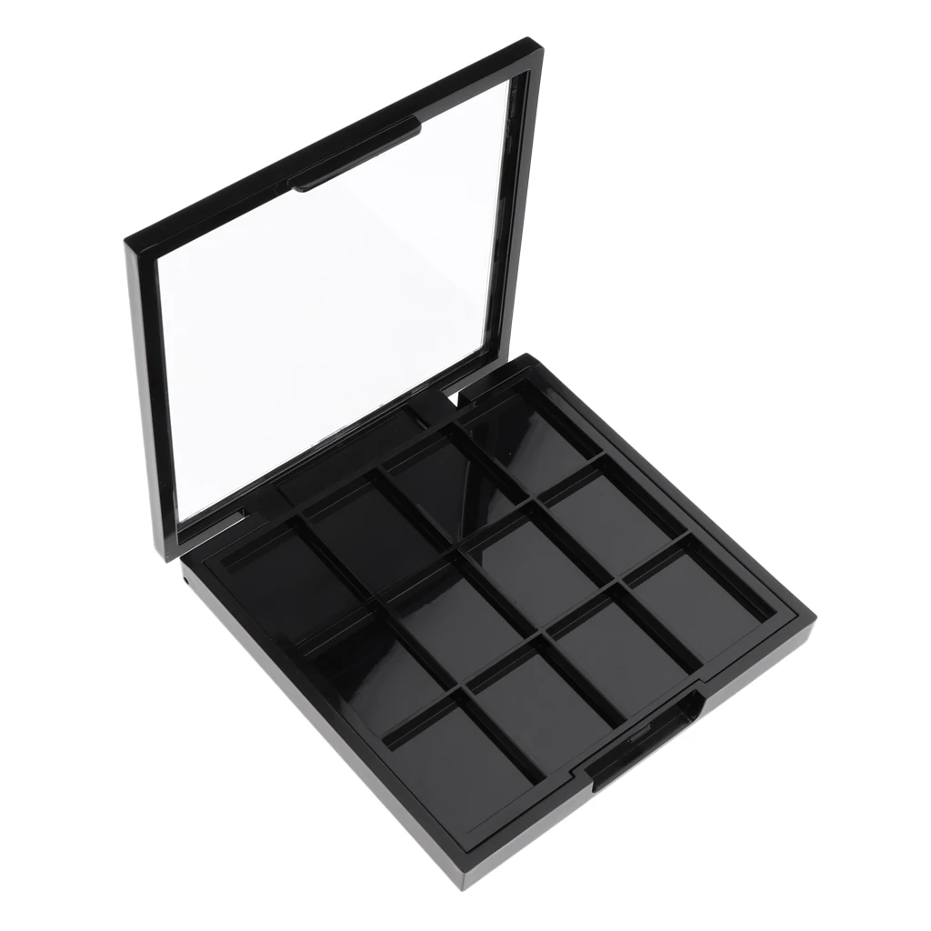 Empty Eyeshadow Makeup Palette - Large Powder Pallet Organizer with 12 Small Grids, Black Case with Clear Lids