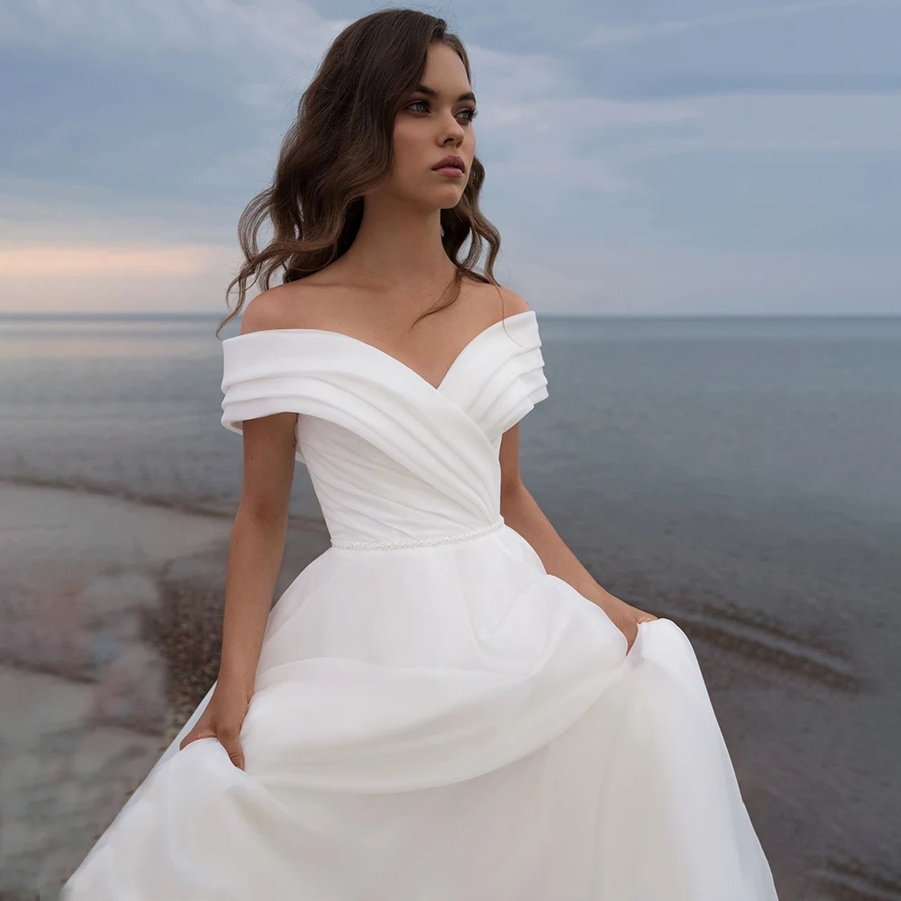 Abito da sposa da spiaggia semplice incrociato con spalle scoperte su misura Plus Size avorio Backless increspato Organza semplici abiti da sposa lunghi