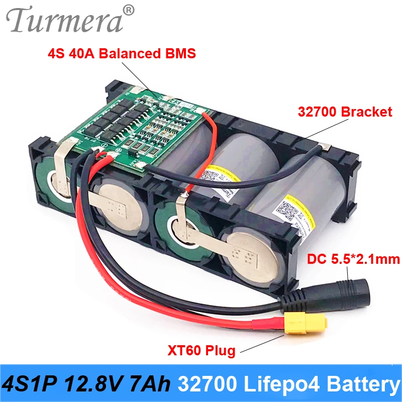 Turmera 32700 Lifepo4 Battery Pack 4S1P 12.8V 7Ah with 4S 40A Balanced BMS for Electric Boat and Uninterrupted Power Supply 12V