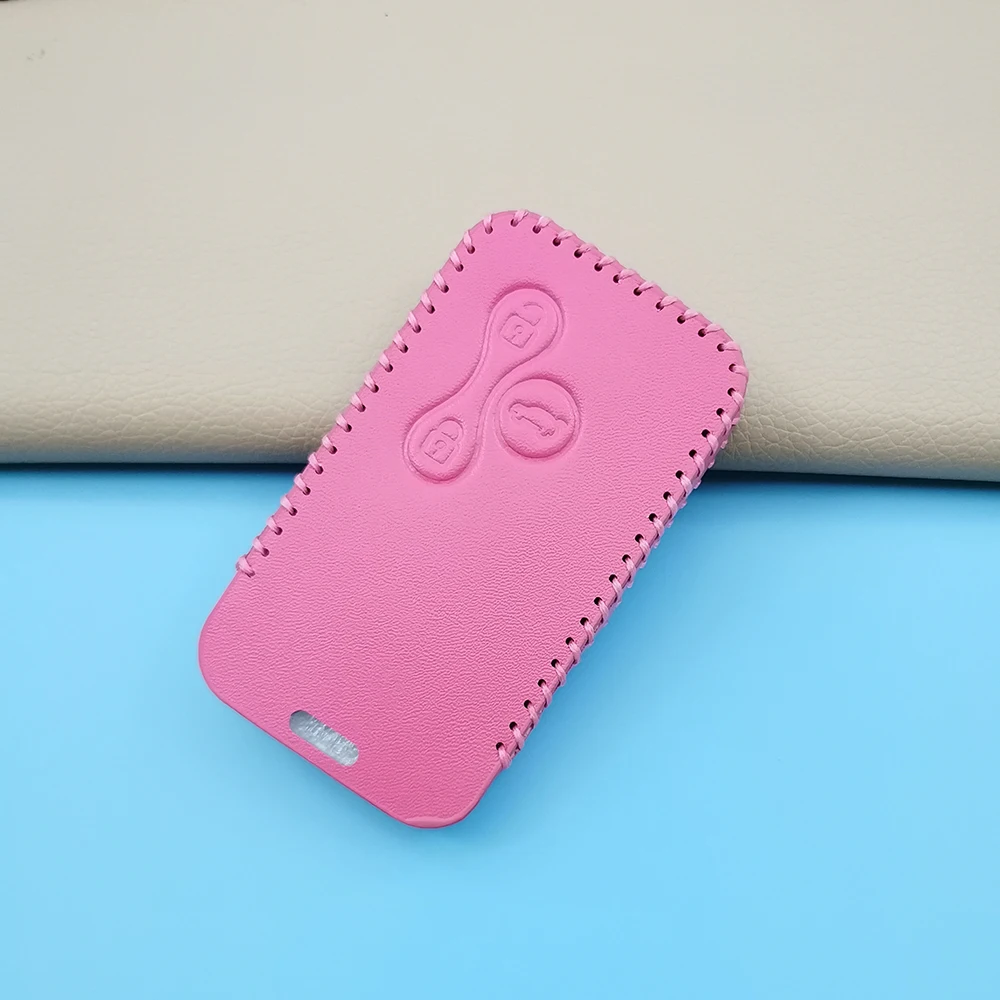 Pink Leather Protective Cover With 3 Buttons Car Key Case For Renault Clio Logan Megane 2 3 Koleos Scenery Card Protect Shell